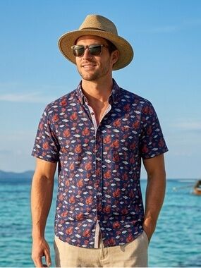 Sunrise Kingdom Shirt Mens Sz M Blue Red Lobster Fish Button Up Hawiian Cotton